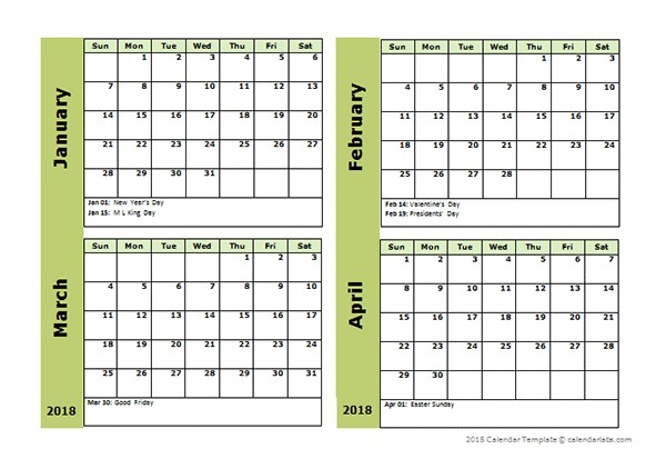 2018 Four Month Calendar Template Free Printable Templates