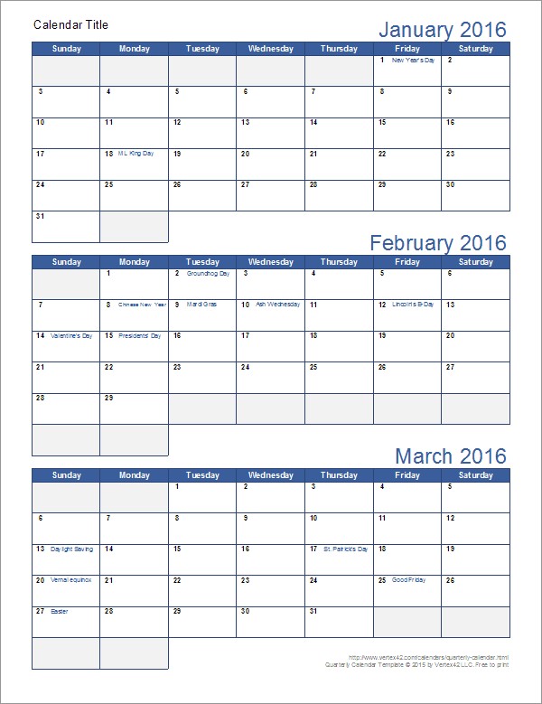 Download a free printable quarterly calendar template for