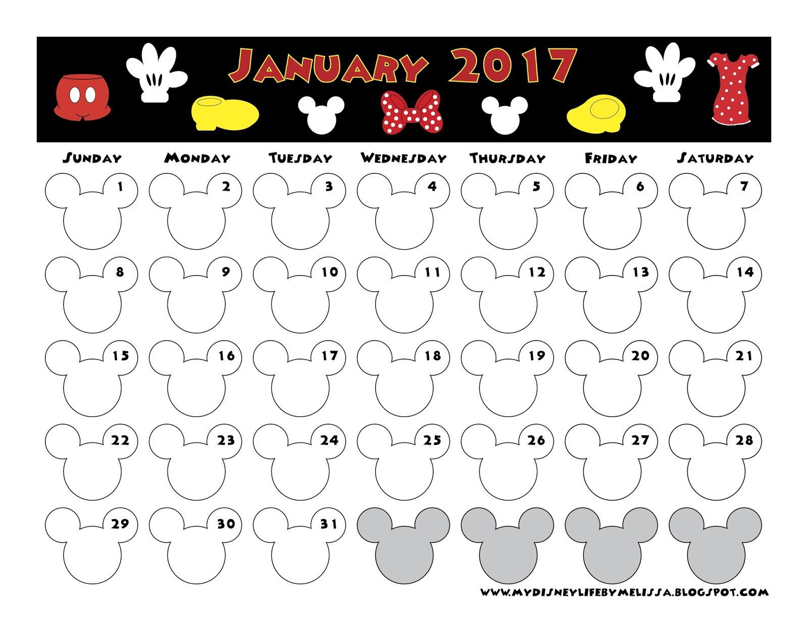 My Disney Life January 2017 Calendar
