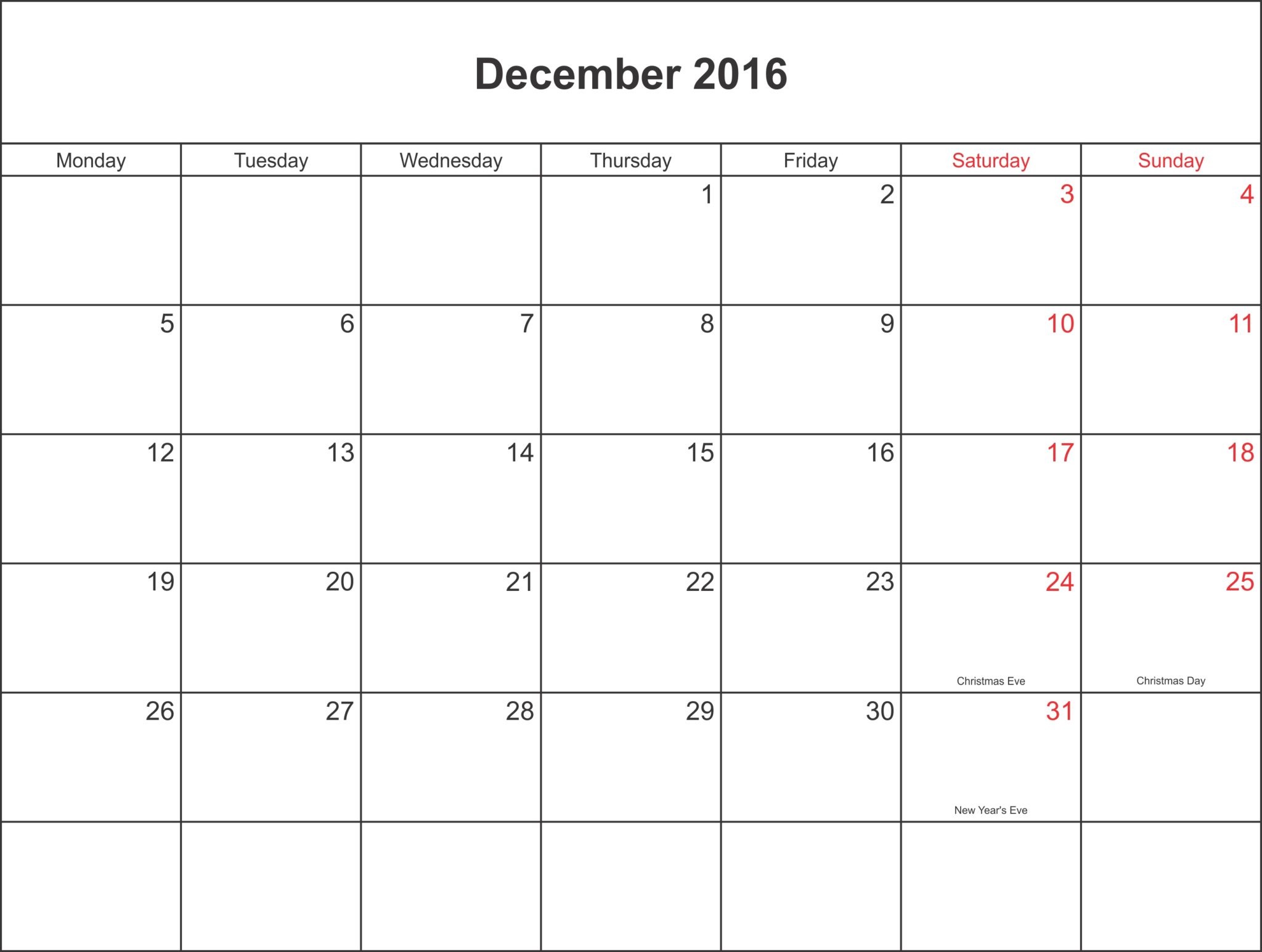 December 2016 Calendar Waterproof