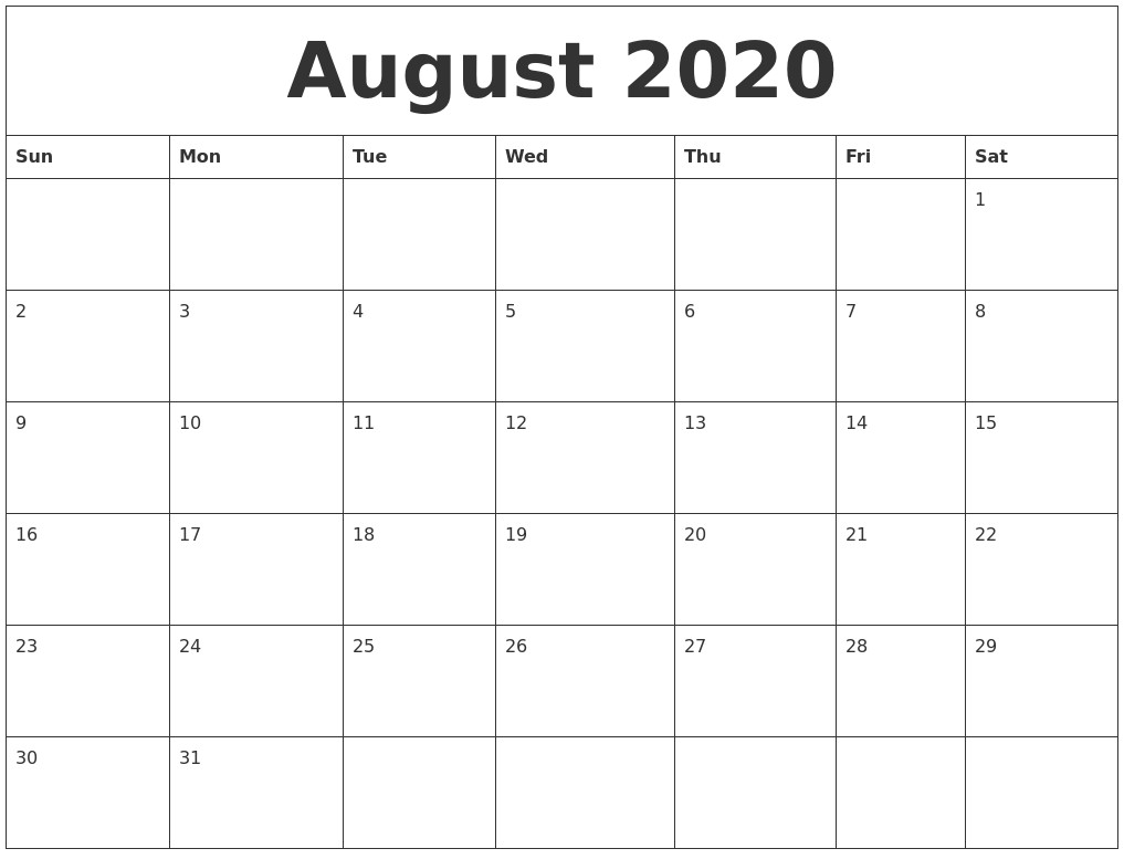 August 2020 Create Calendar