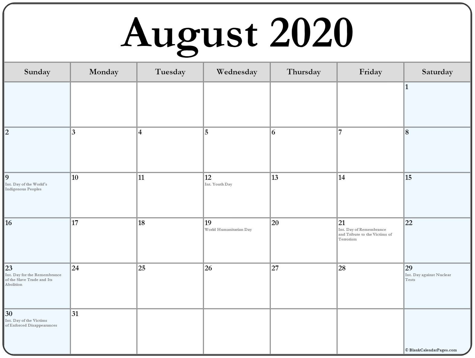 Collection of August 2020 calendars with holidays