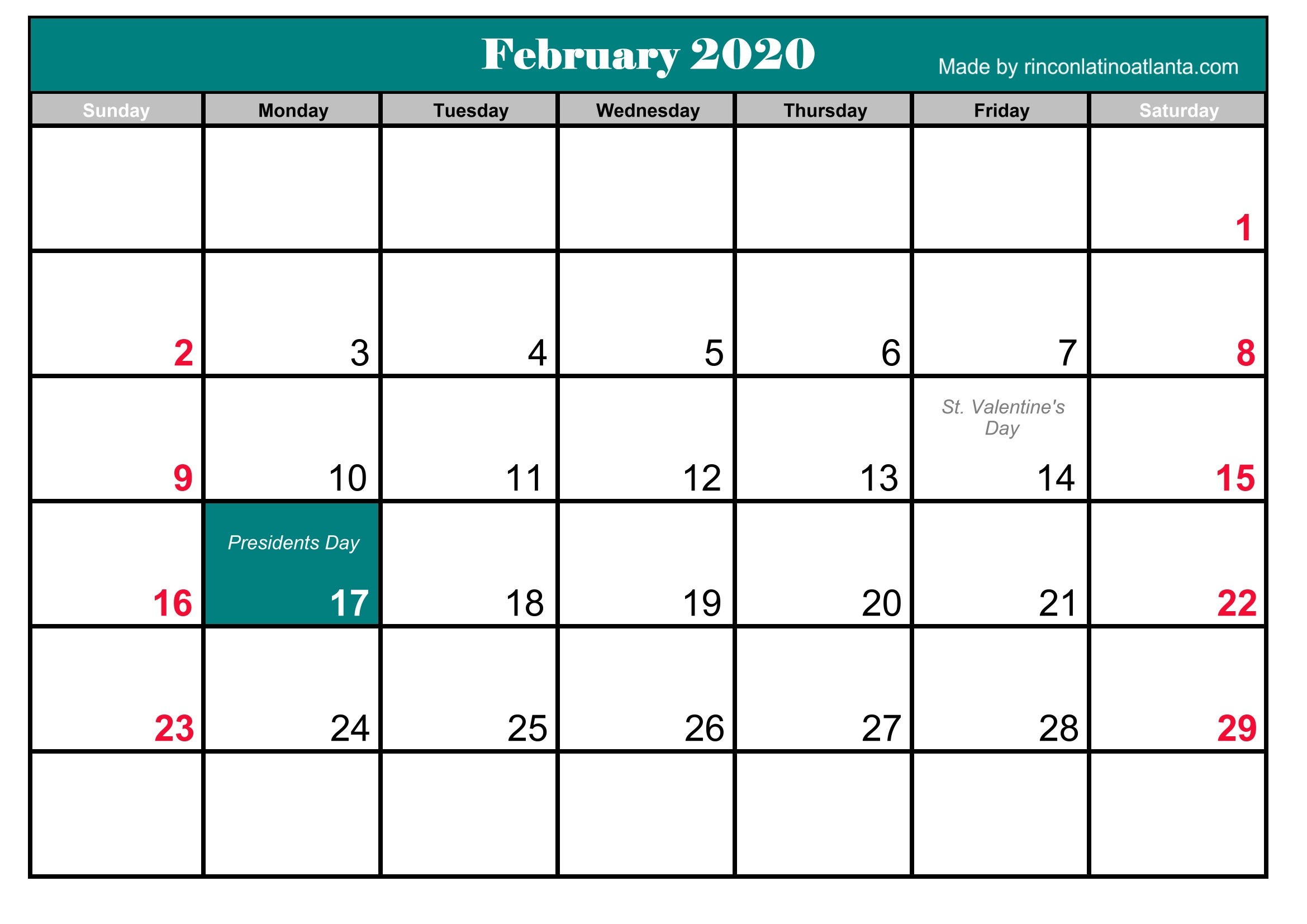 Printable Frebruary 2020 Calendar With Holidays