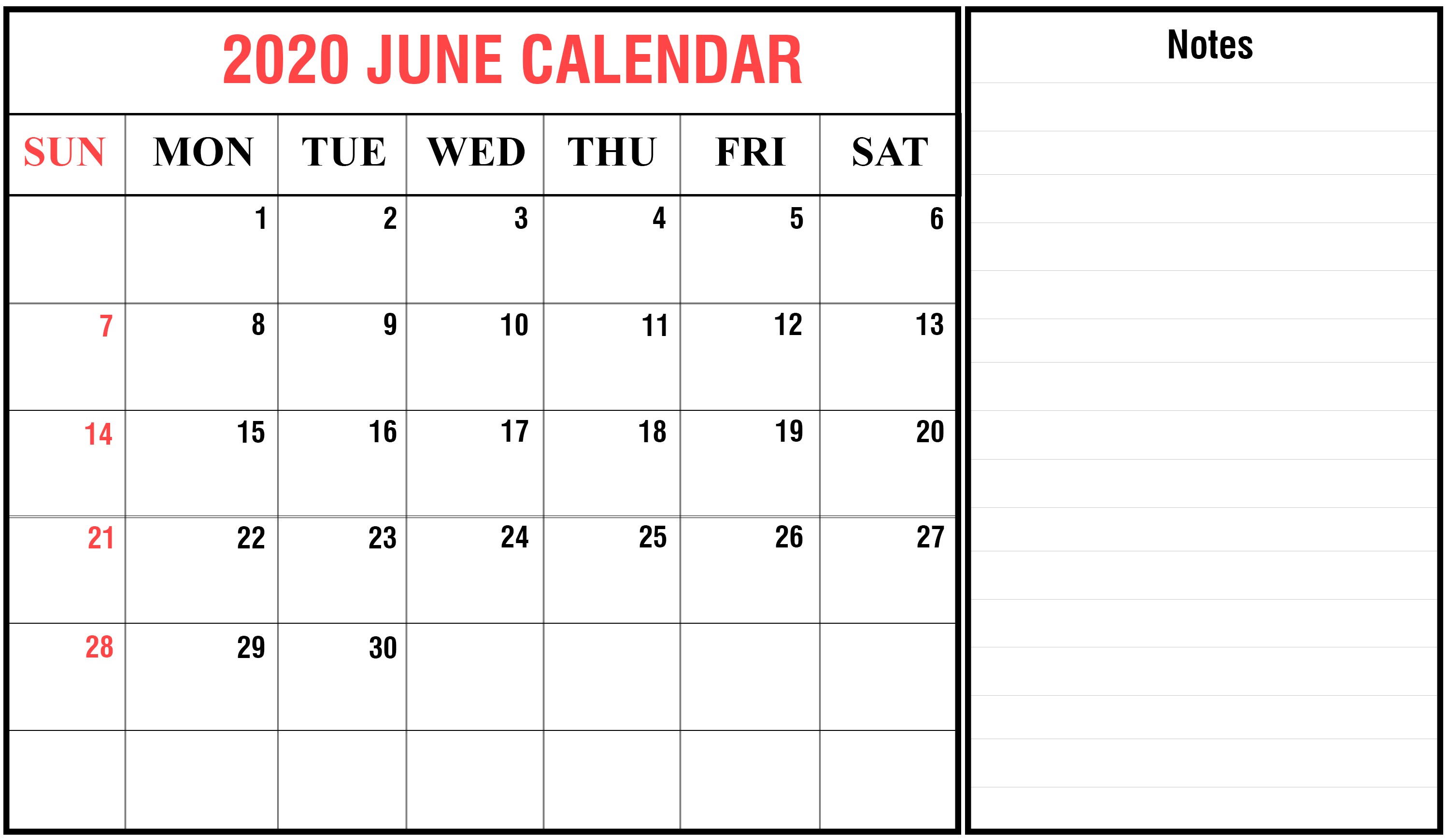 Download June 2020 Calendar Printable Templates PDF
