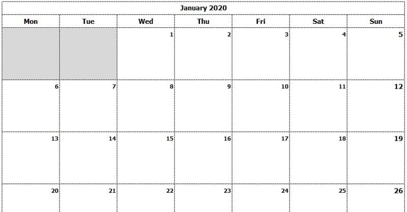 Download 2020 Monthly Calendar Mon Start Ink Saver Excel