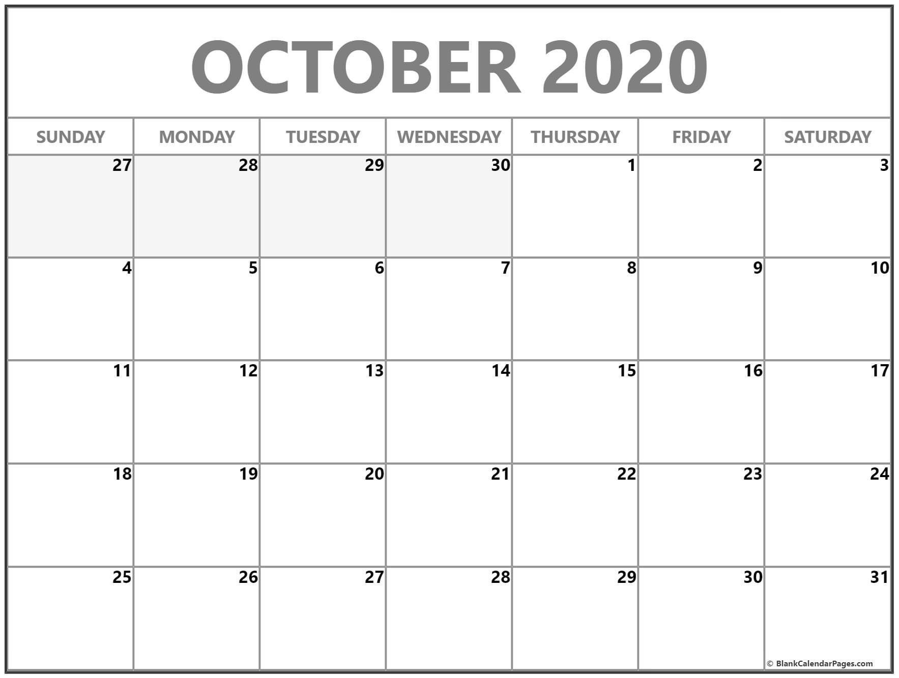 October 2020 calendar
