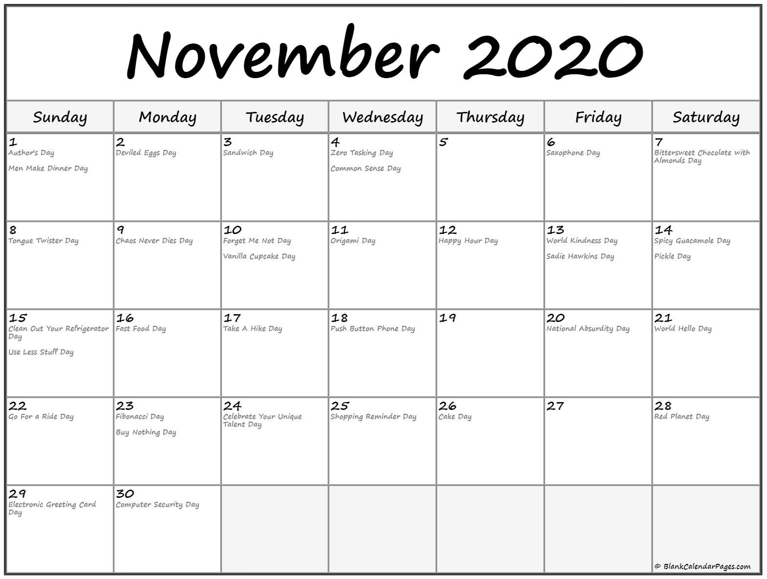 Collection of November 2020 calendars with holidays