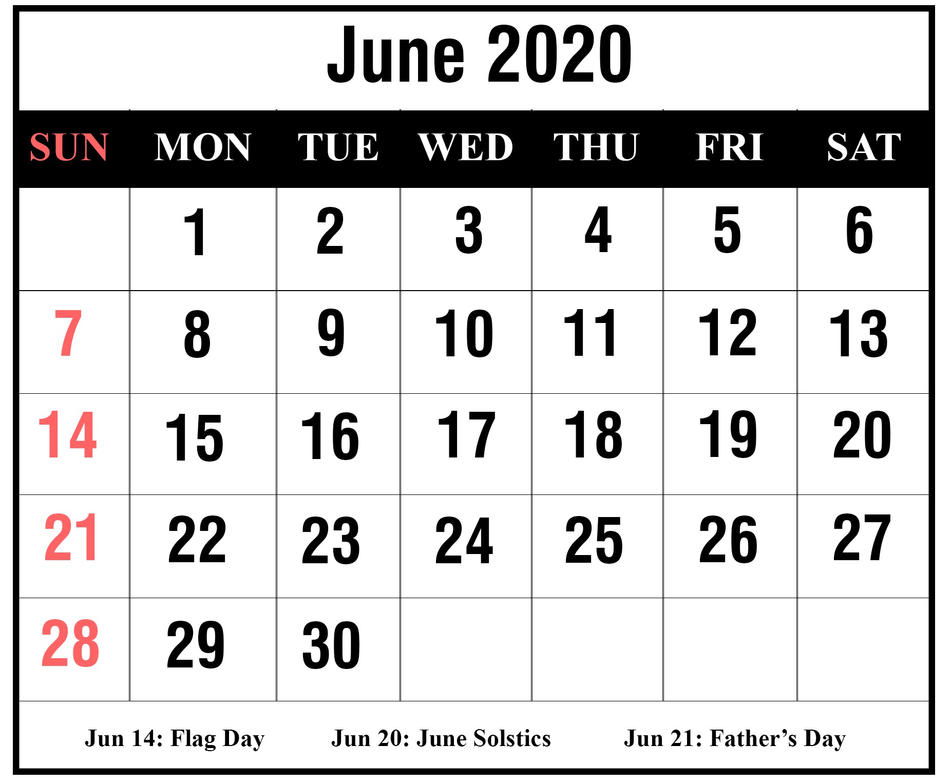 Download June 2020 Calendar Printable Templates PDF