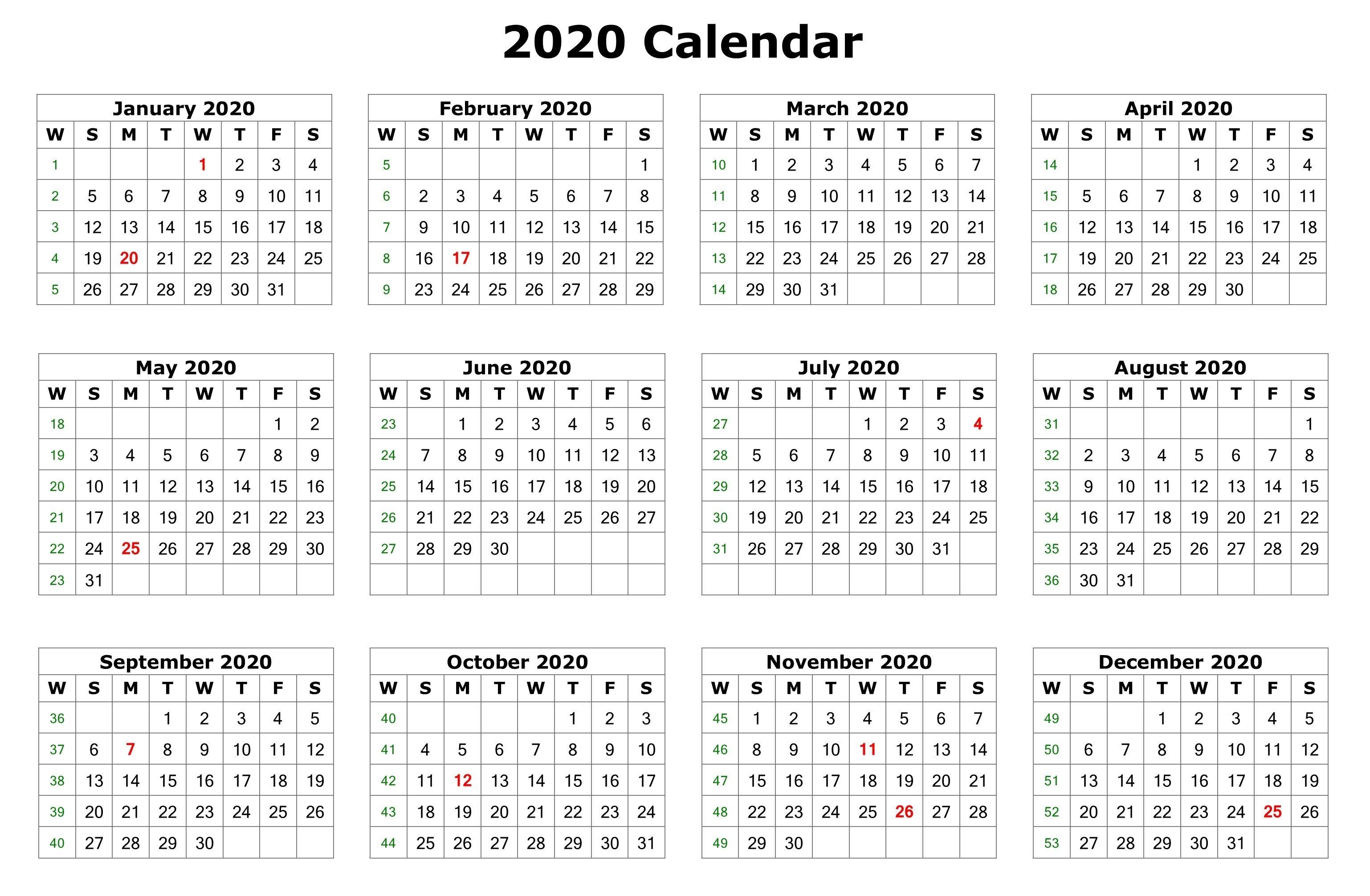 2020 12 Months Calendar Printable