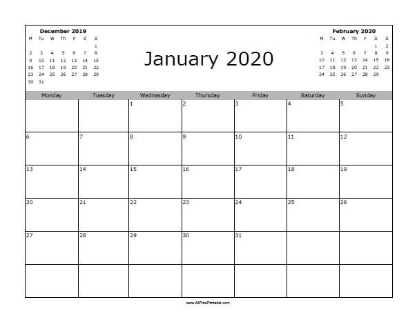 January 2020 Calendar Starting with Monday