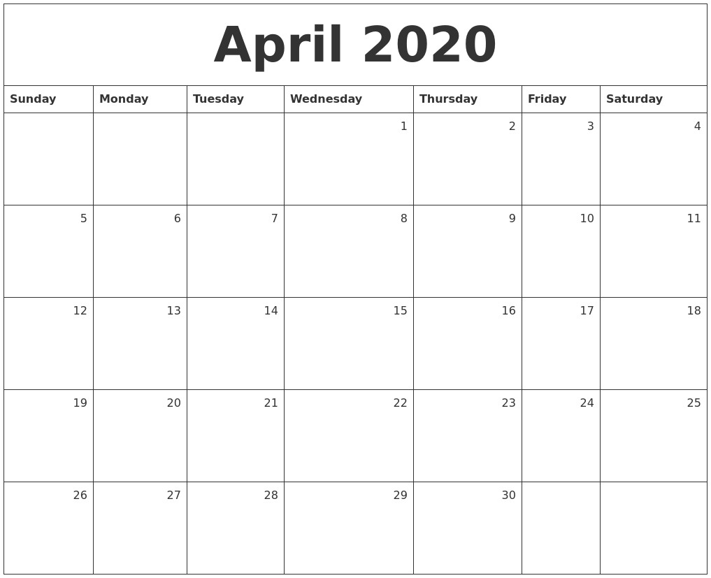 April 2020 Monthly Calendar