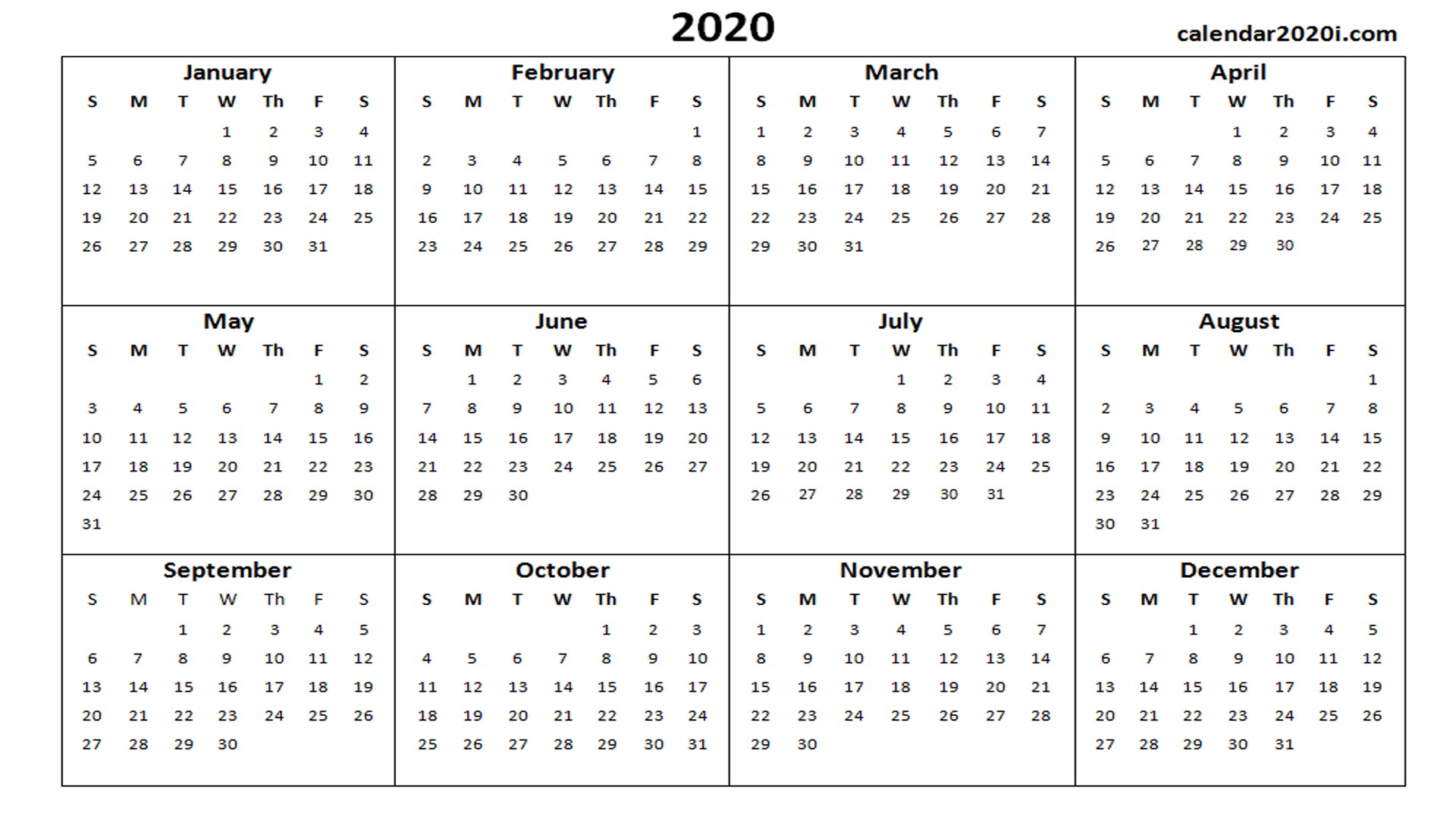 2020 Calendar Printable Template Holidays Word Excel