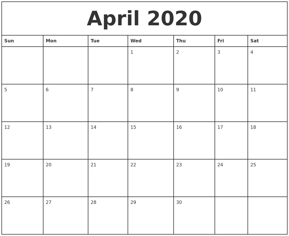April 2020 Printable Monthly Calendar