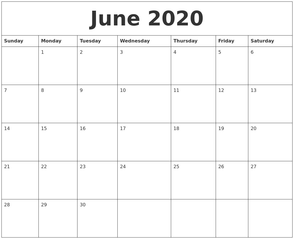 June 2020 Blank Monthly Calendar Template