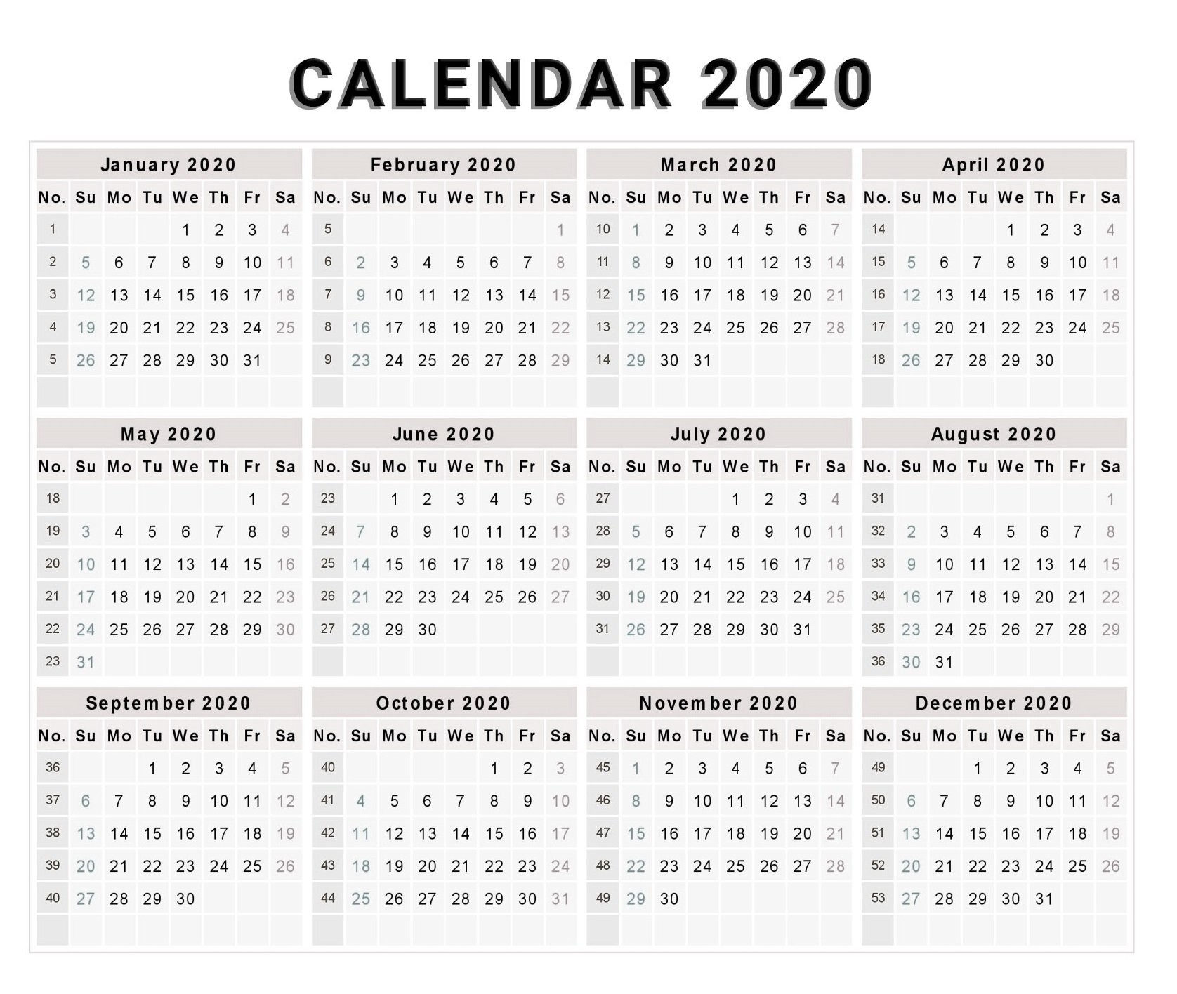 Free Yearly Printable Calendar 2020 with Holidays