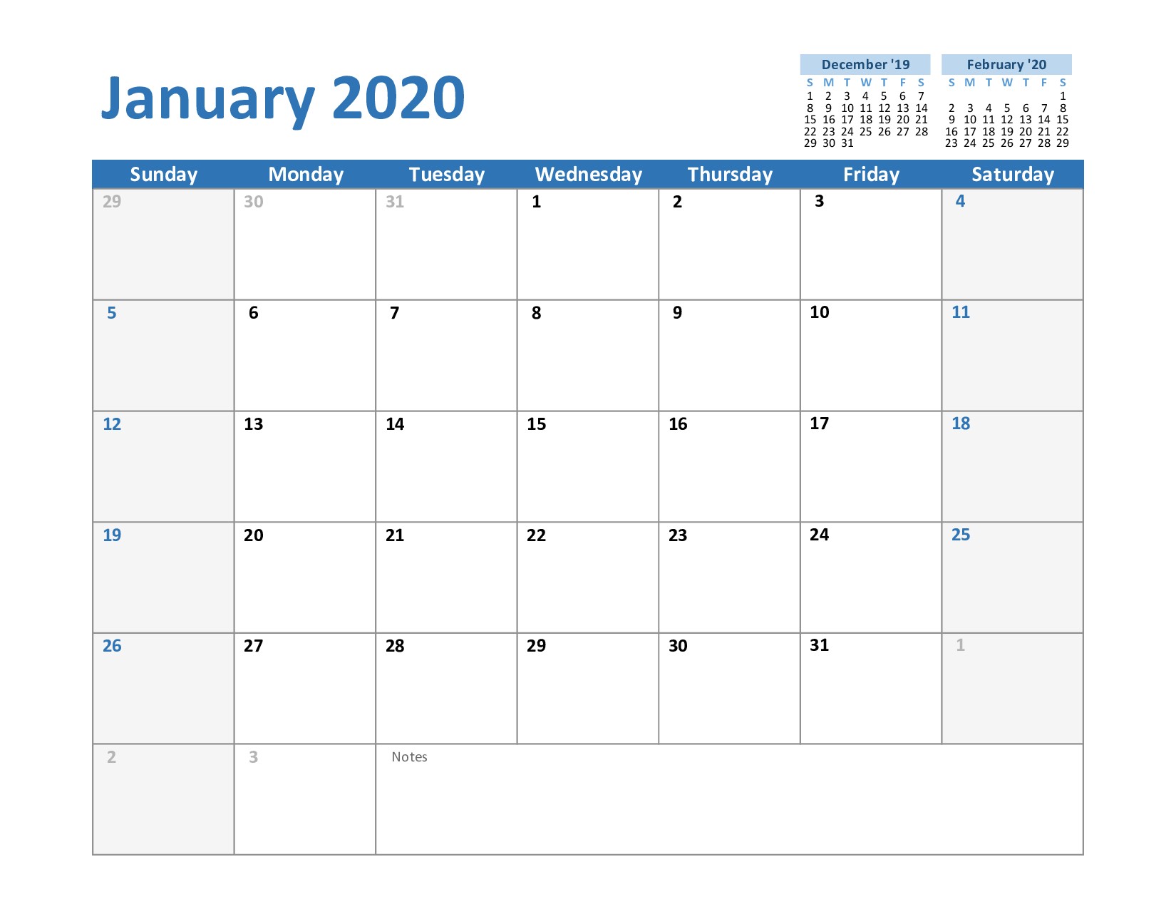 Blank January 2020 Calendar Printable in PDF Word Excel