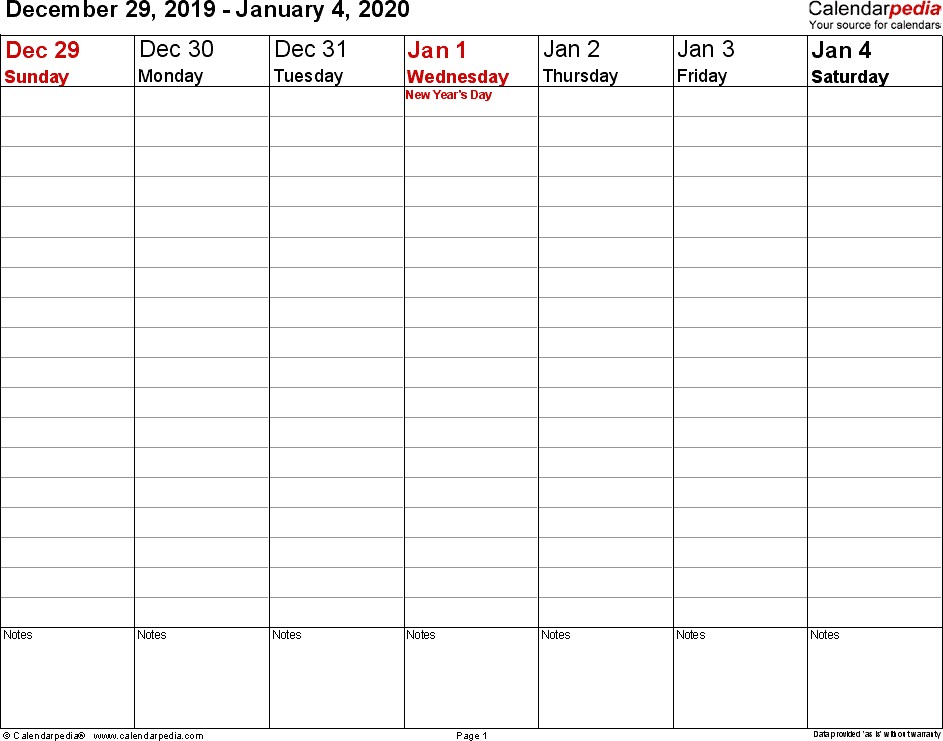 Weekly Calendars 2020 for PDF 12 free printable templates