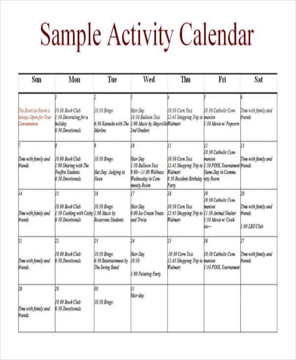 12 Activity Calendar Templates Free Sample Example