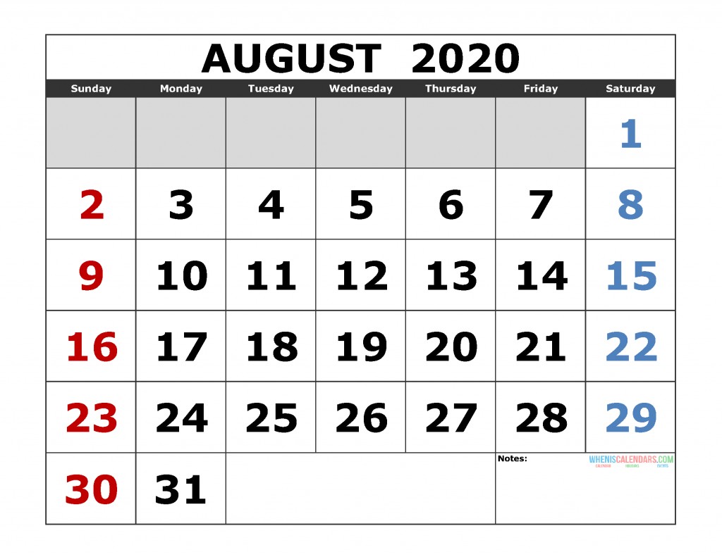 August 2020 Printable Calendar Template Excel PDF Image
