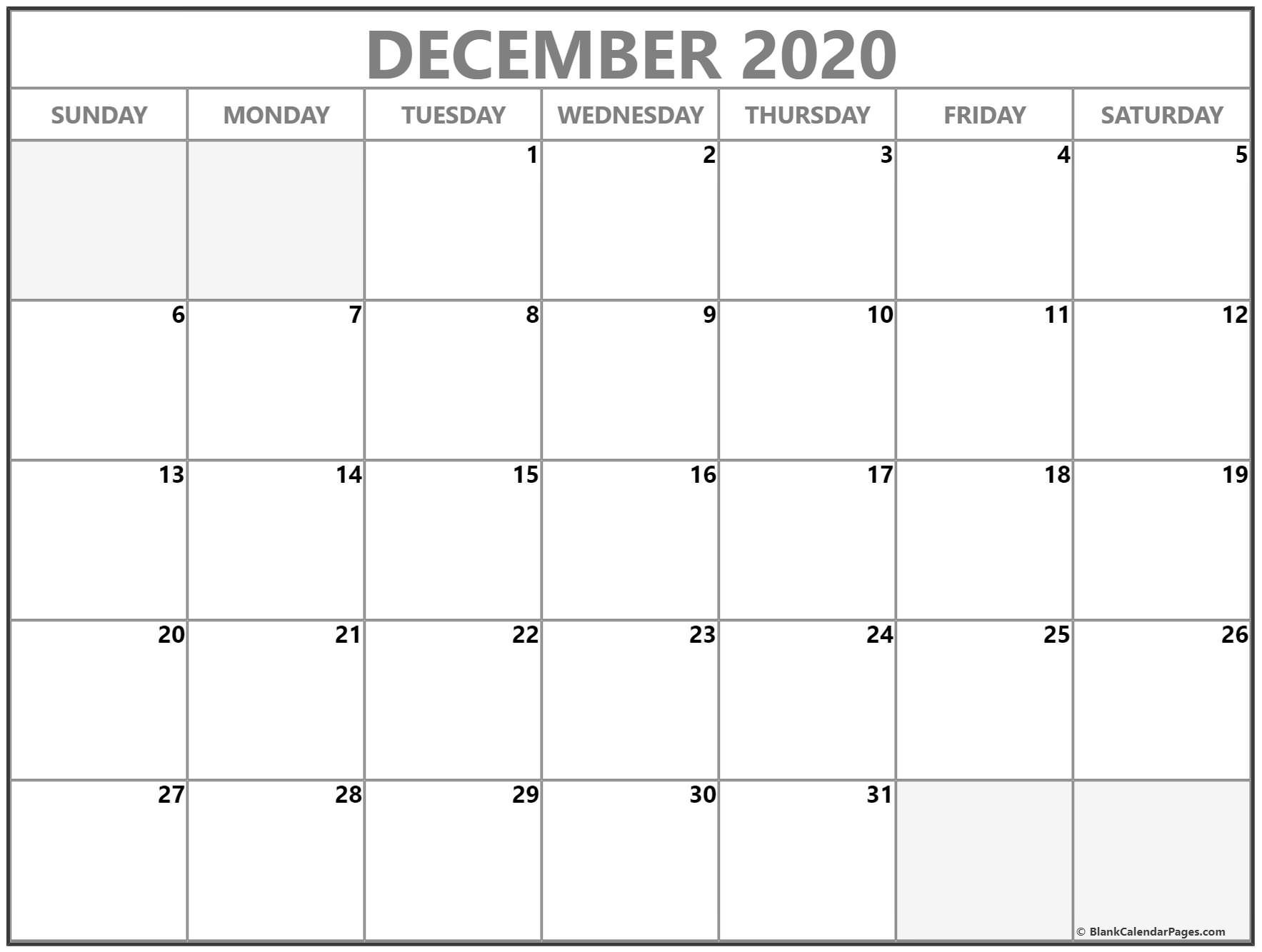 December 2020 calendar