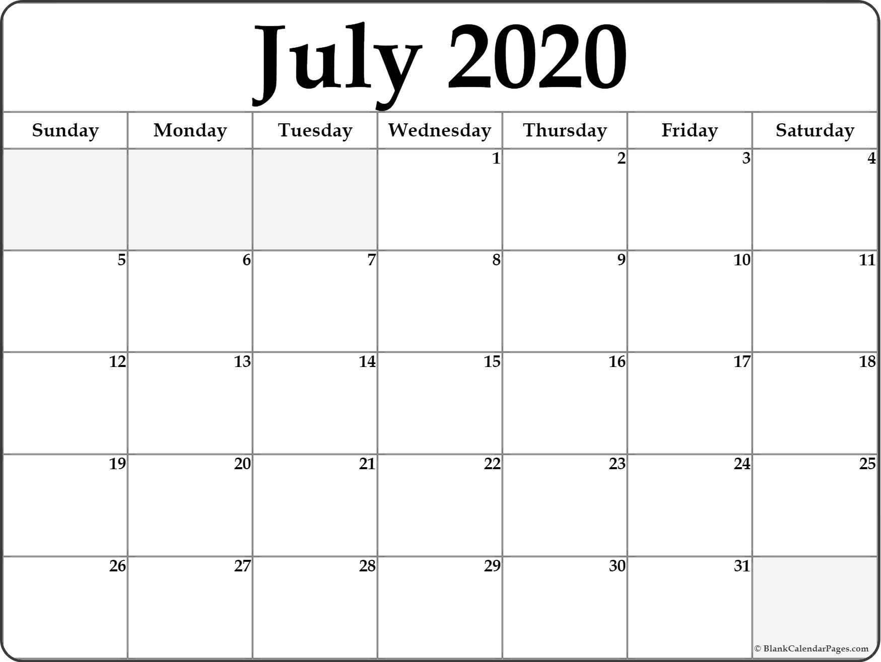 July 2020 calendar