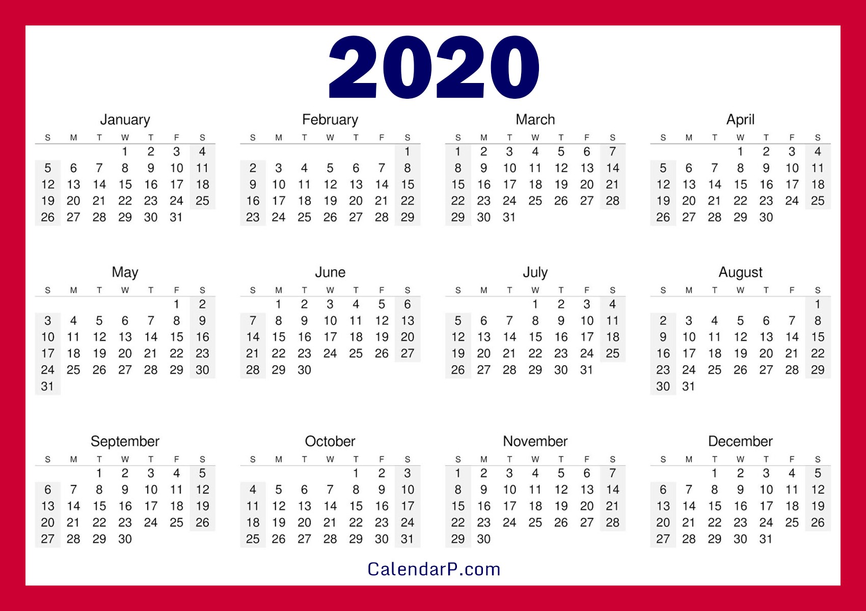 Printable Free 2020 Calendar Horizontal Red – CalendarP
