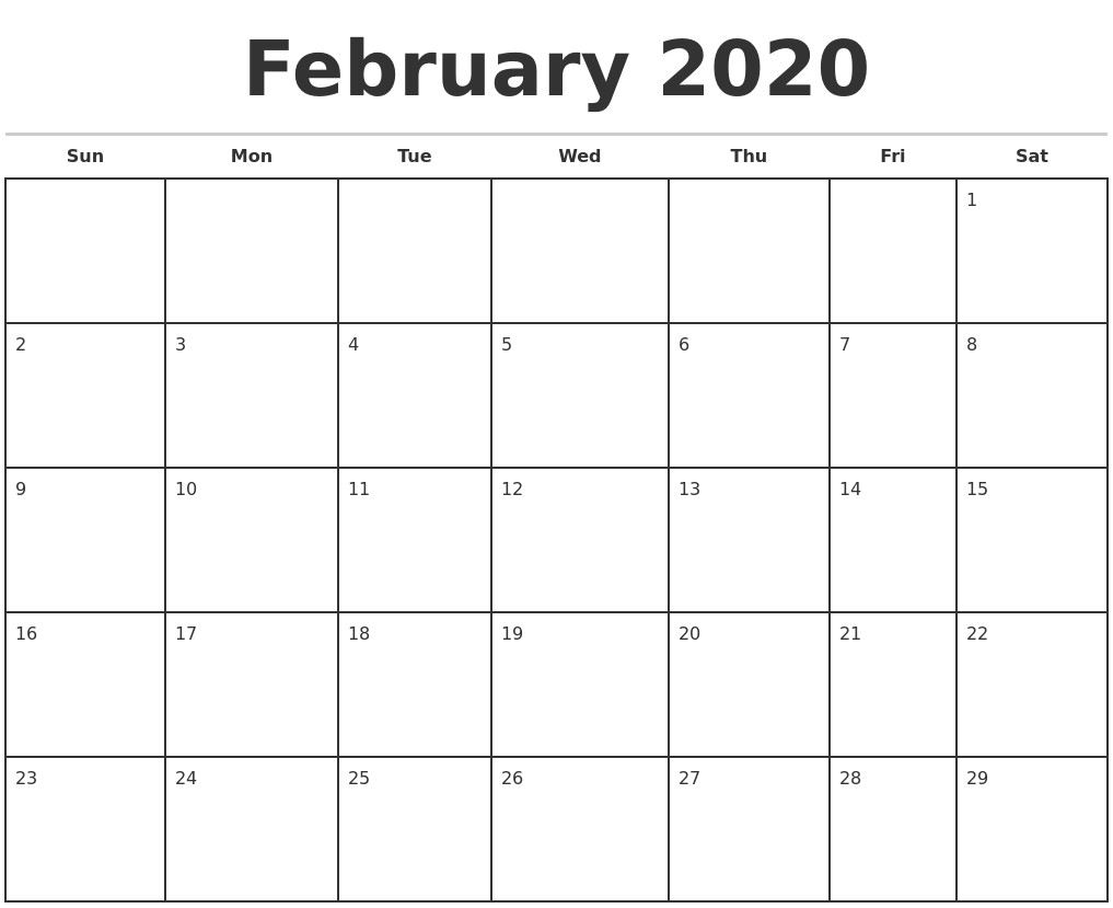 February 2020 Monthly Calendar Template