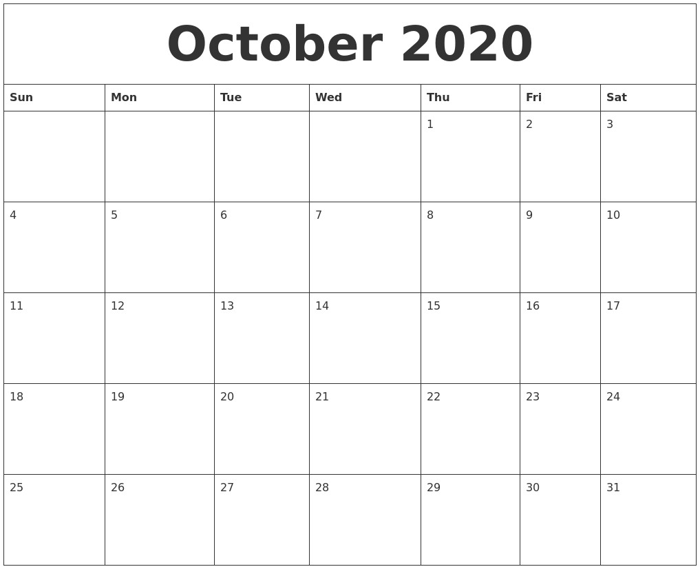 October 2020 Calendar Monthly