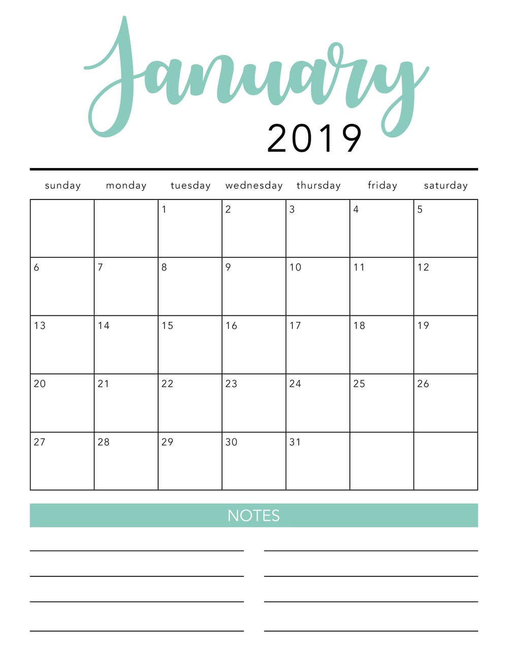 FREE 2019 Printable Calendar Template 2 colors I