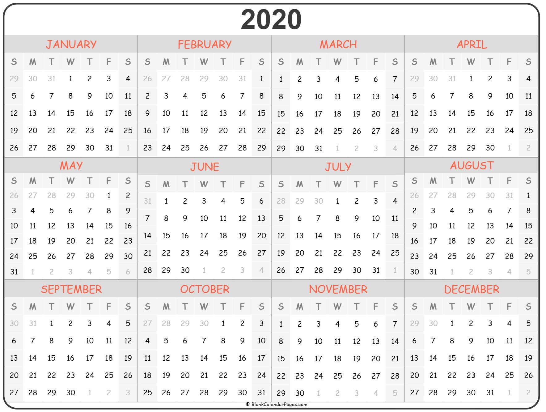 2020 year calendar