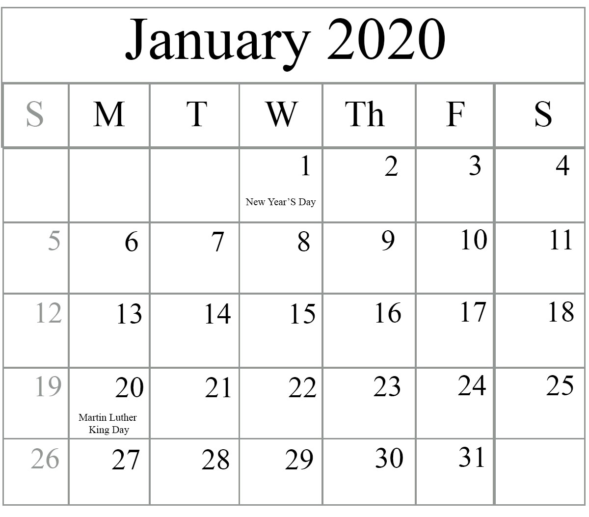 Free Blank January 2020 Calendar Printable in PDF Word