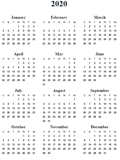 2020 Calendar Printable Free