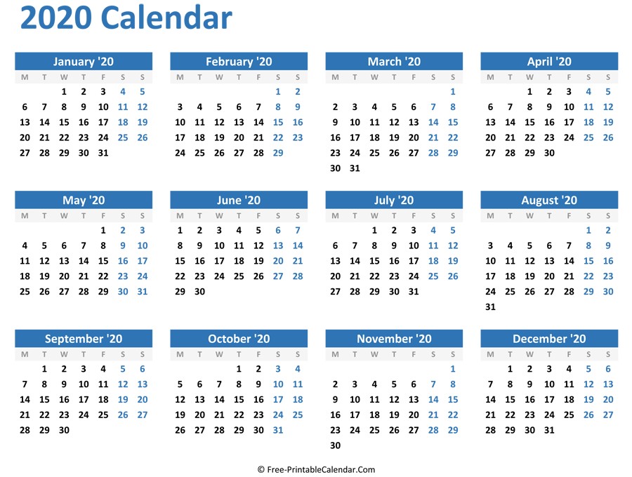 Blank Yearly Calendar 2020 Horizontal Layout
