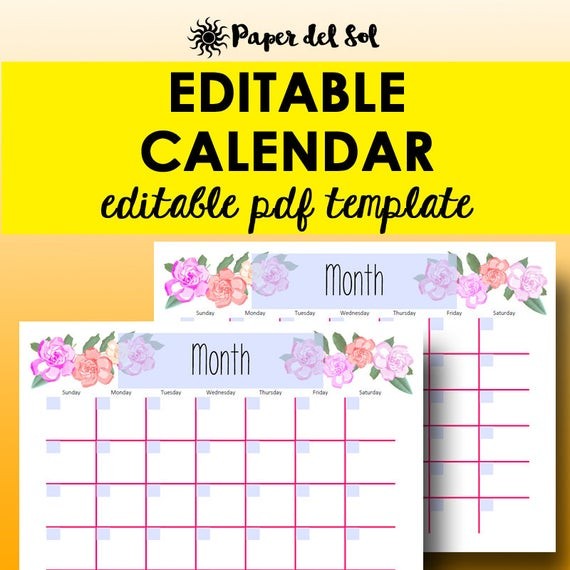 Monthly Calendar Editable Template Planner Printable Calendar