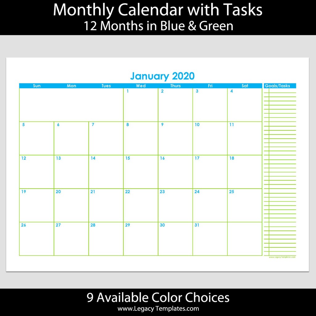 2020 12 Month Landscape Calendar with Tasks – A4