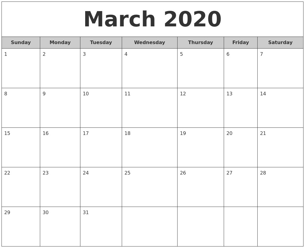 March 2020 Free Monthly Calendar