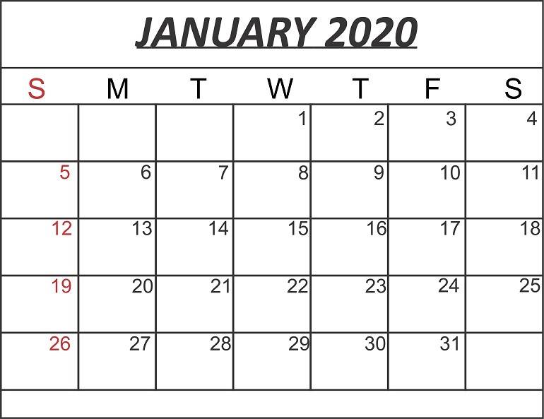 Free January 2020 Printable Calendar Template in PDF Word