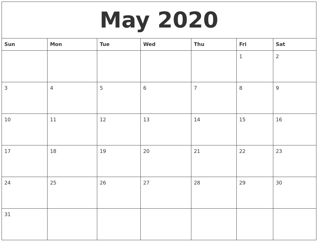 May 2020 Printable Calendar Pdf