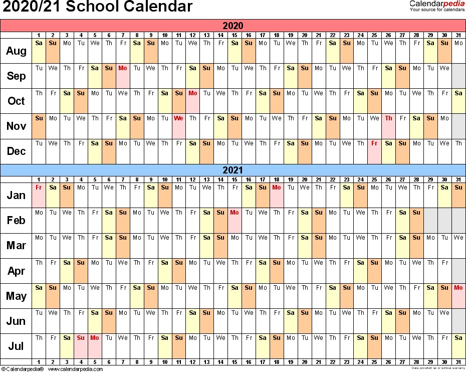 School Calendars 2020 2021 free printable PDF templates