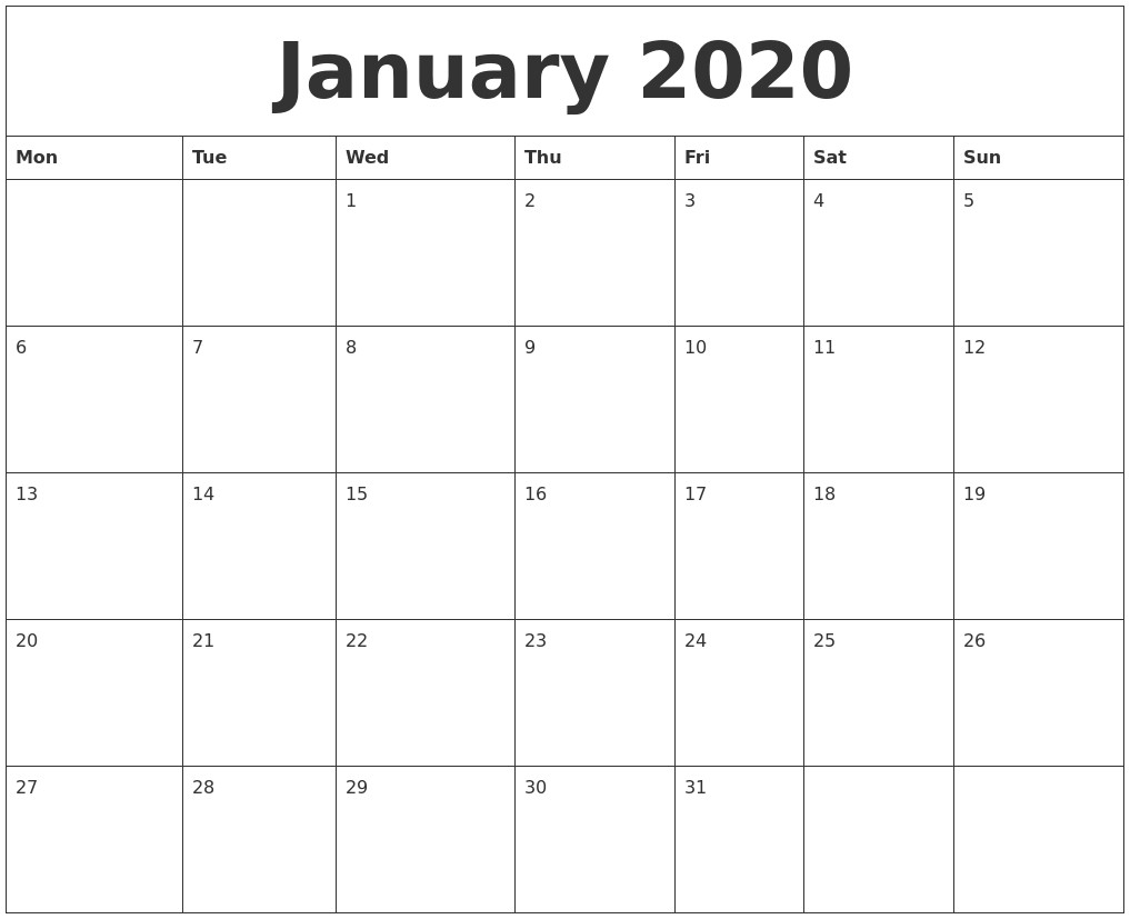 January 2020 Blank Monthly Calendar Template