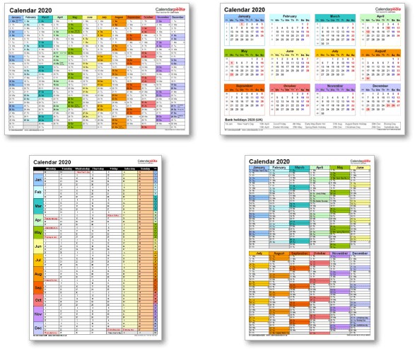 Calendar 2020 UK with bank holidays & Excel PDF Word templates