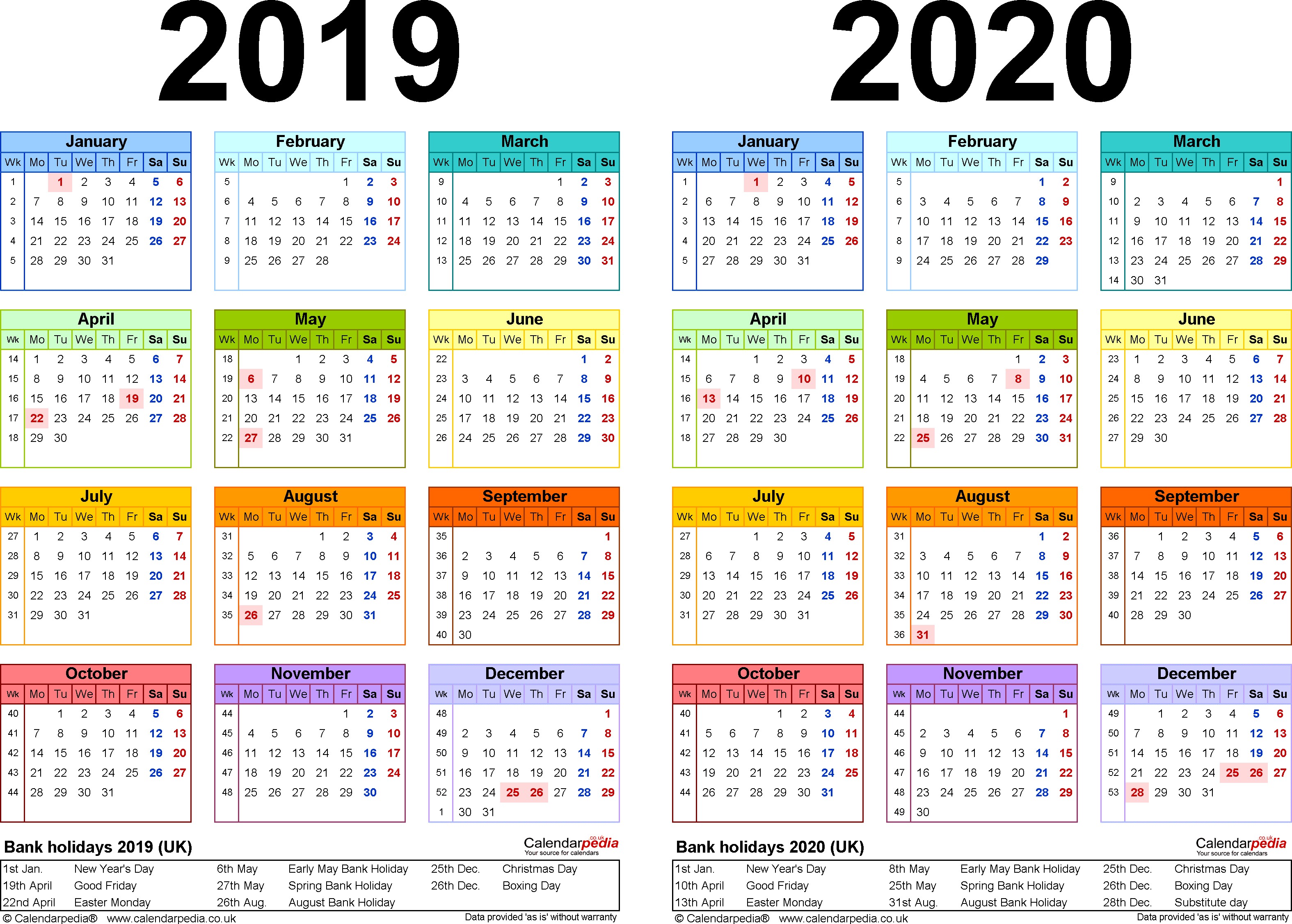 Two year calendars for 2019 & 2020 UK for PDF