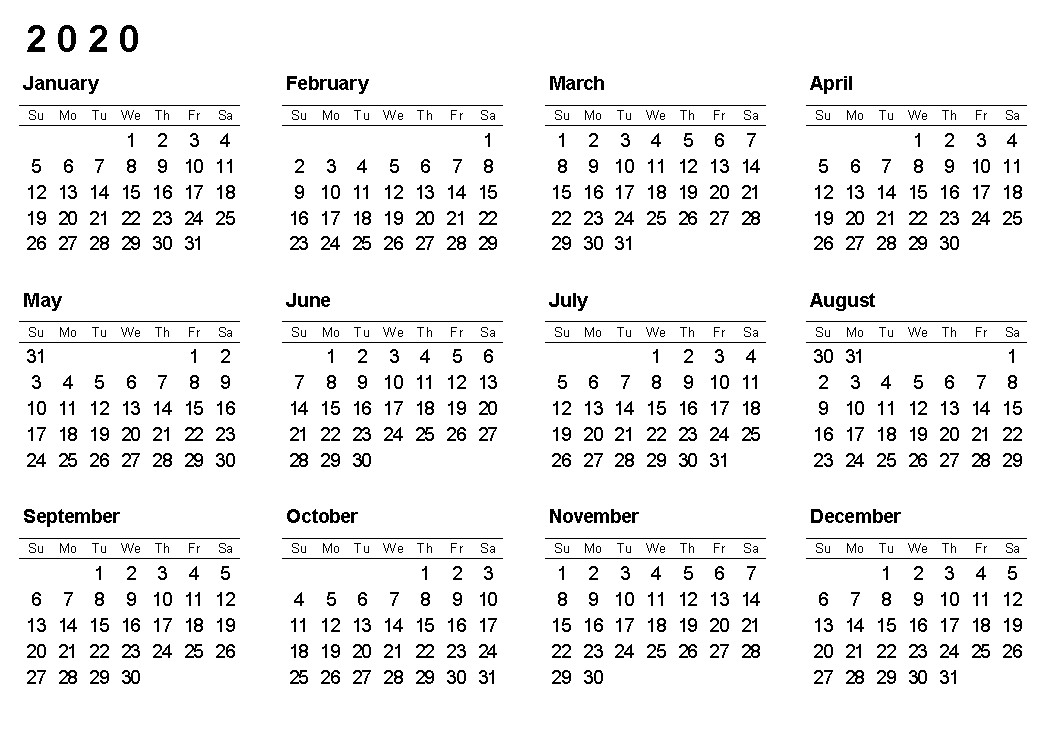 2020 e Page Calendar Printable