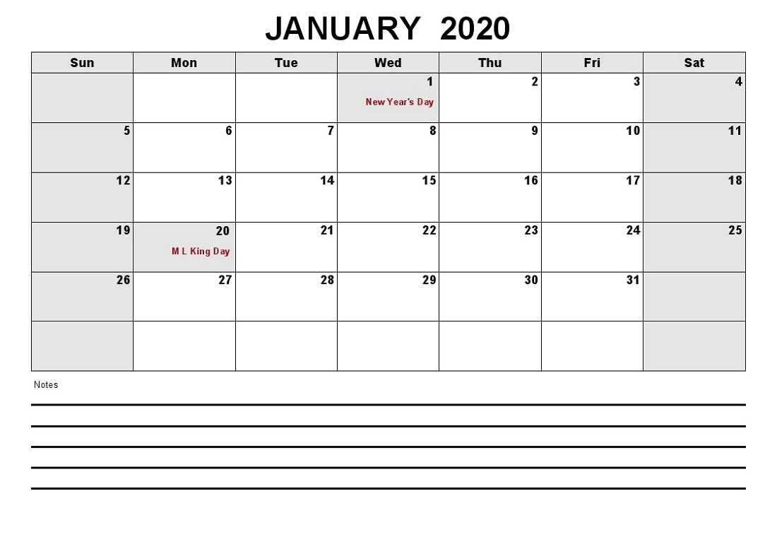 2020 Calendar With Holidays Printable All Months