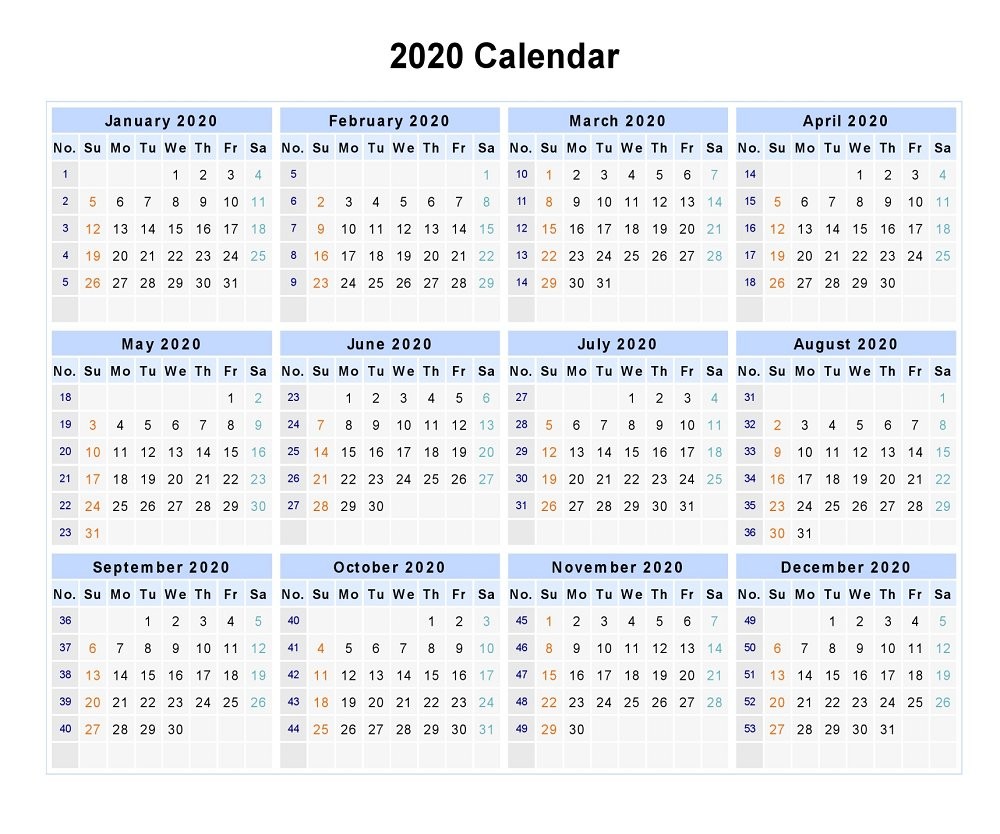 2020 e Page Calendar Printable