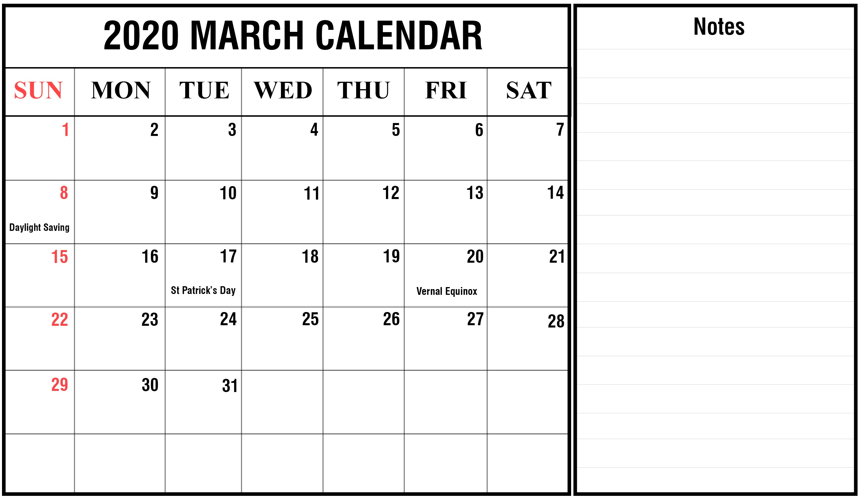 Download March 2020 Calendar Printable Templates PDF