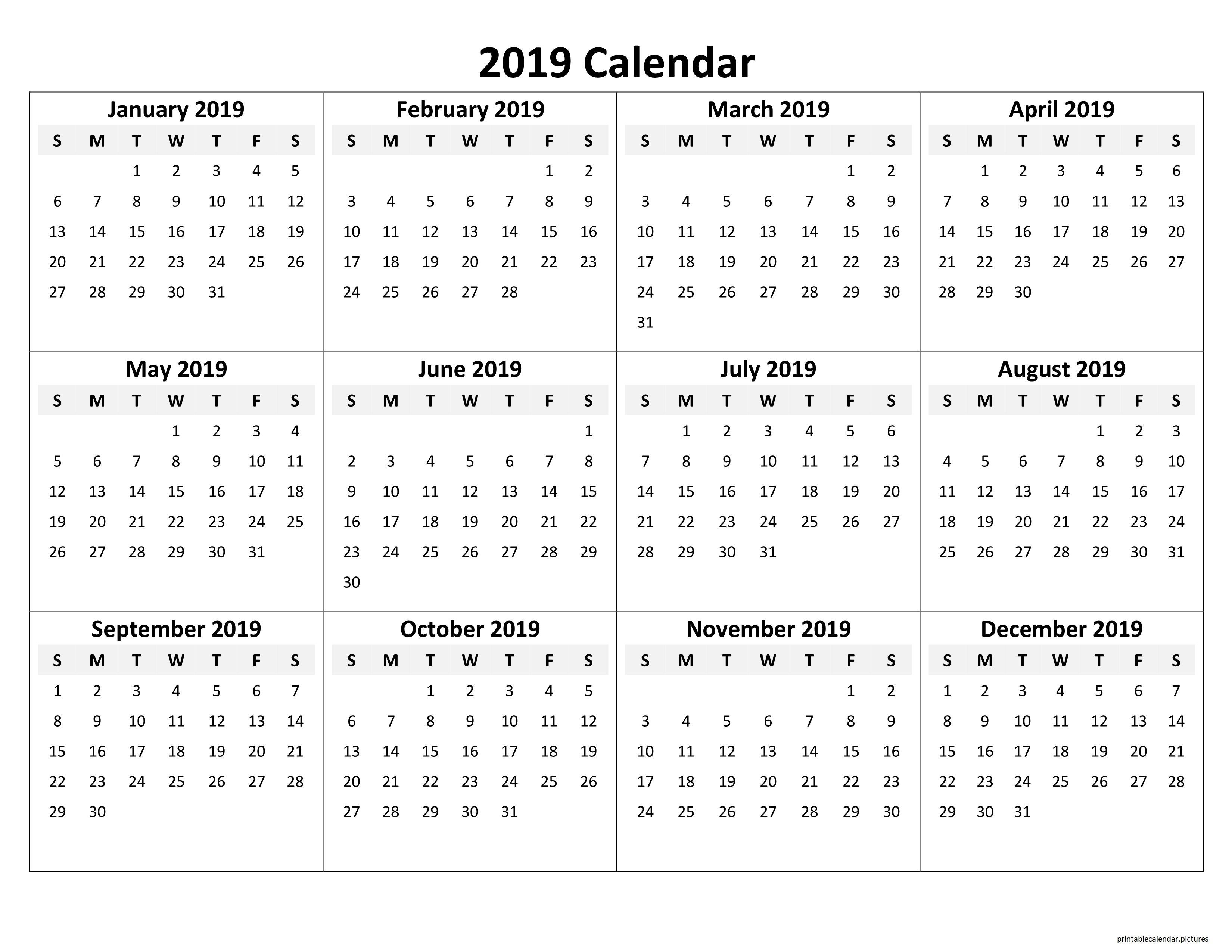 Printable Yearly Calendar 2019