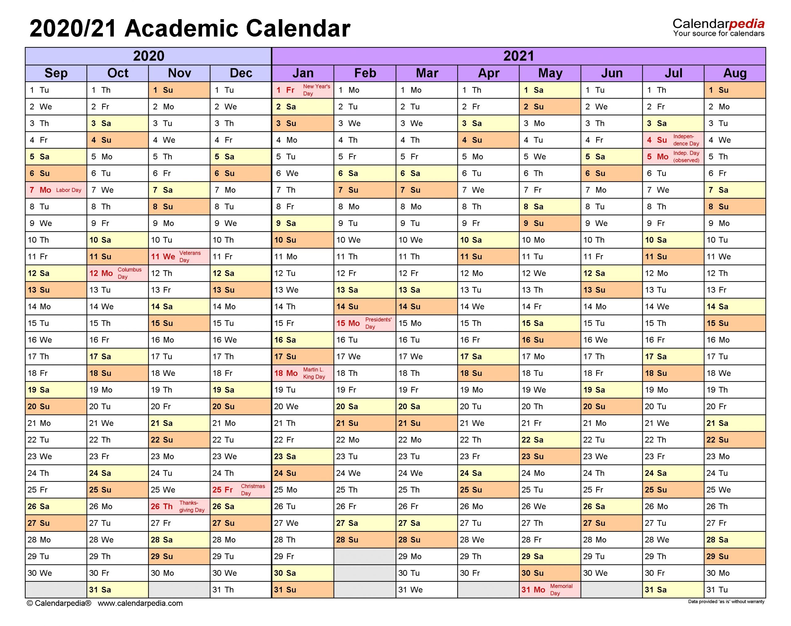 Academic Calendars 2020 2021 free printable PDF templates
