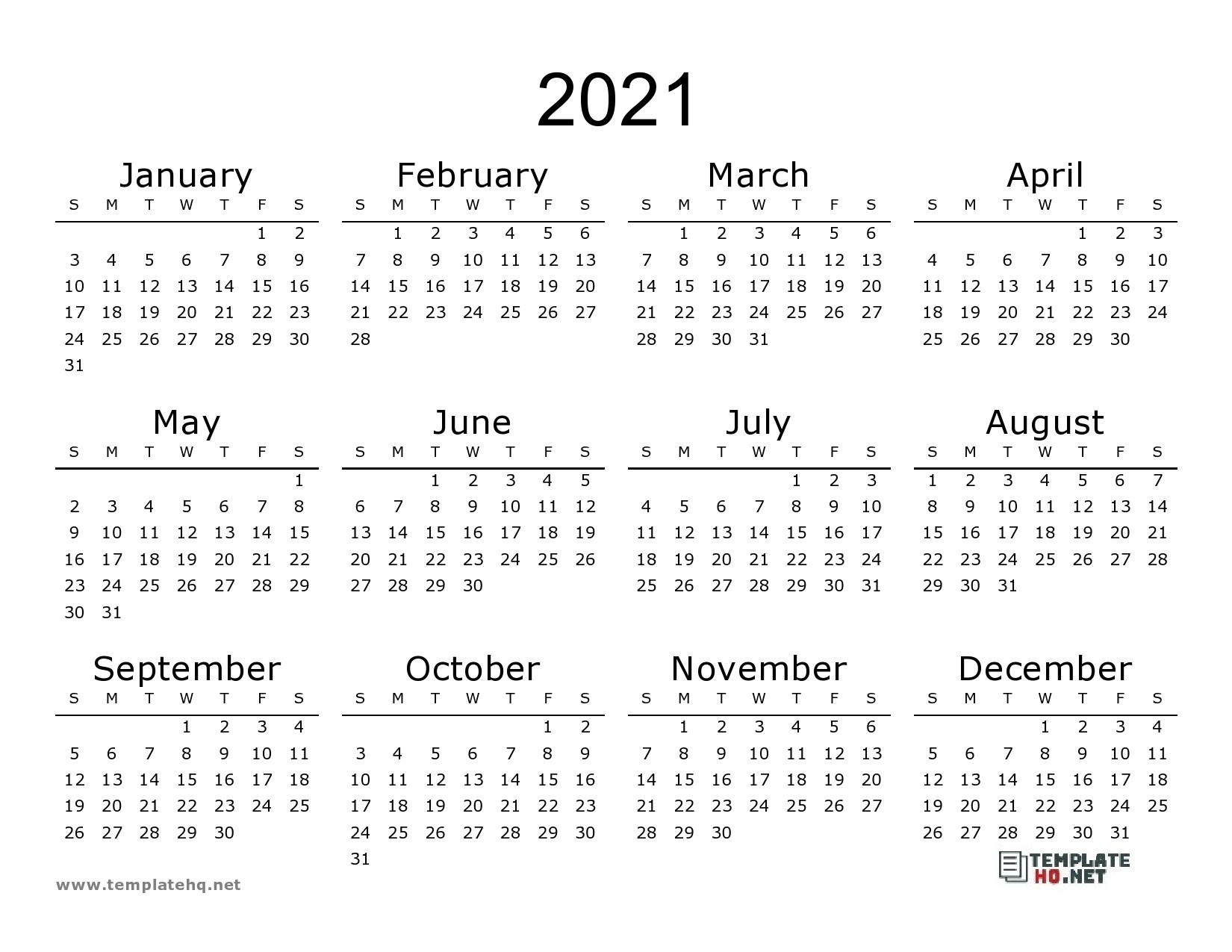 Calendar 2021 to Print Free Simple for All Users