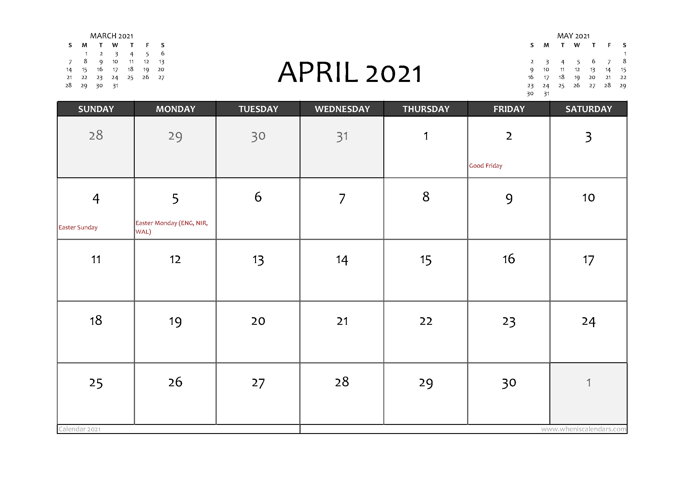 Free Printable April 2021 Calendar UK in 2020